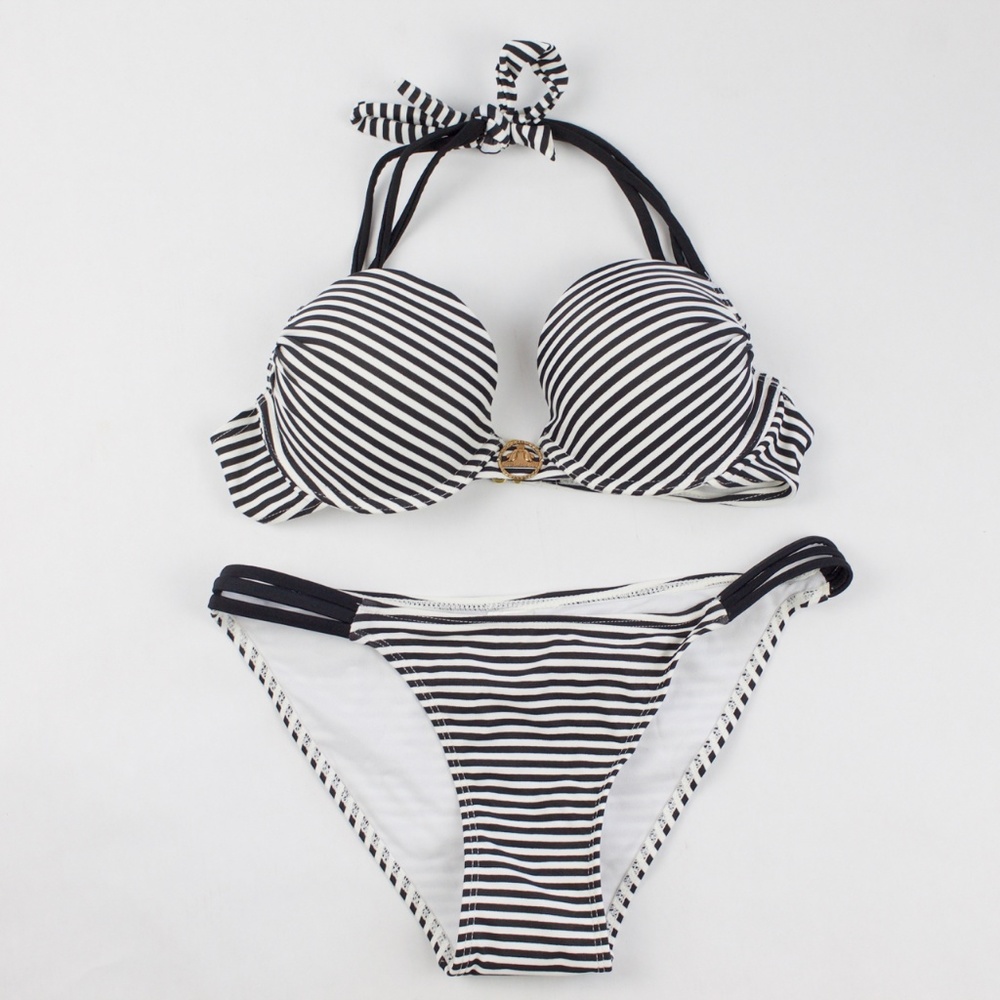 Top Melon Black & White Striped Pushup Bikini